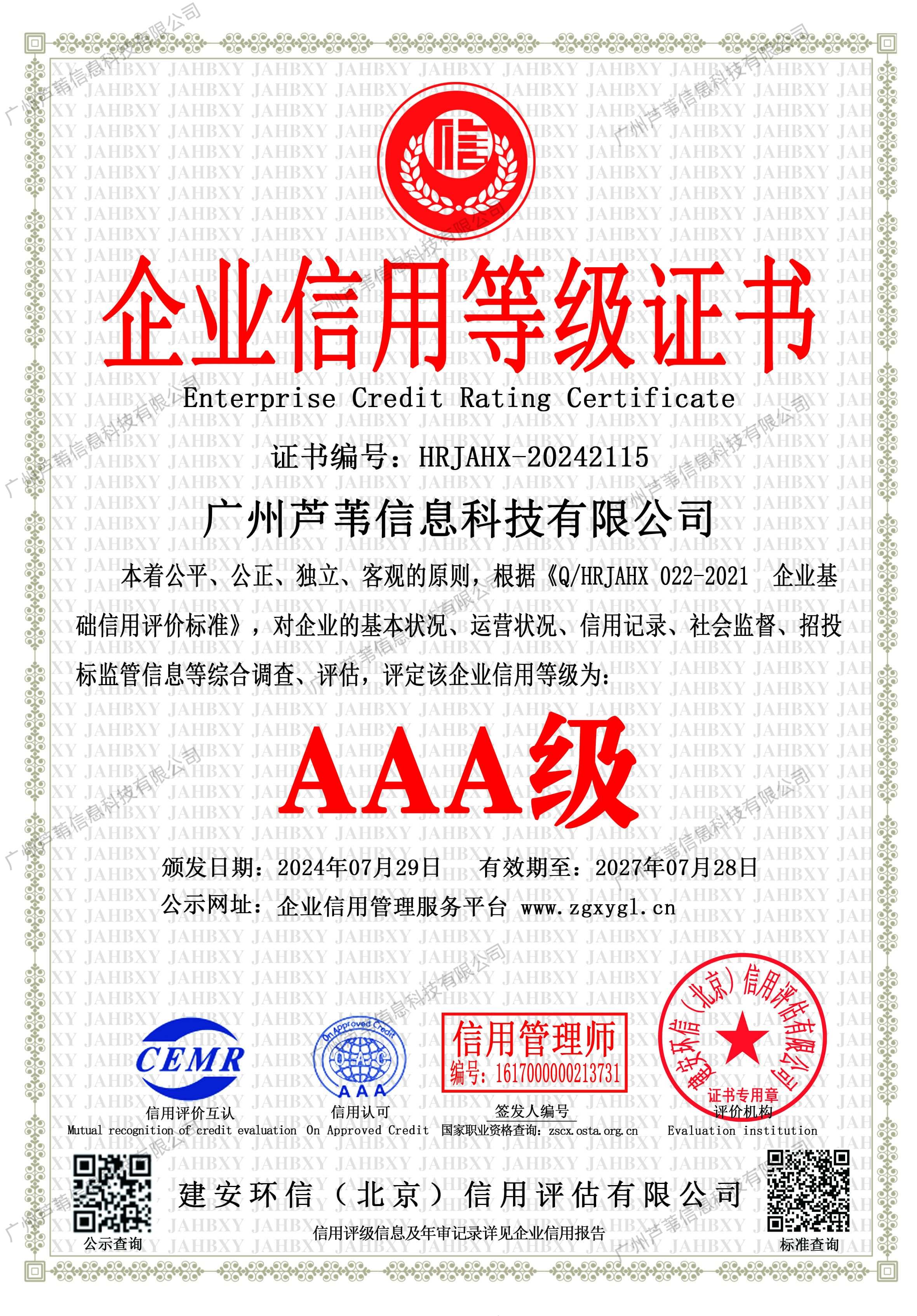 Enterprise credit rating certificate